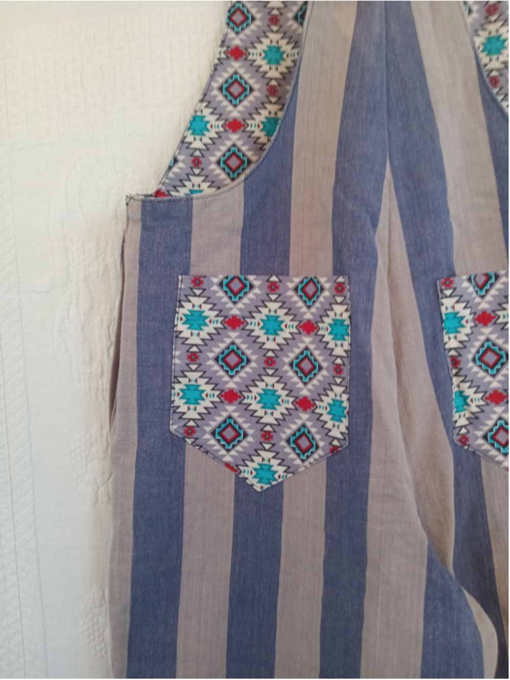 Artsy Western Overalls Slate Blue Beige Stripes Super Wide Leg Boho Trousers MED - Picture 3 of 12